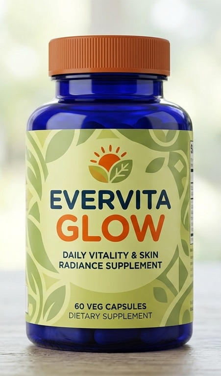 EVERVITA GLOW supplement bottle on neutral background
